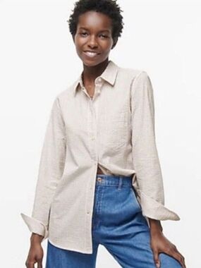 Beige Striped Classic Seersucker Button Down